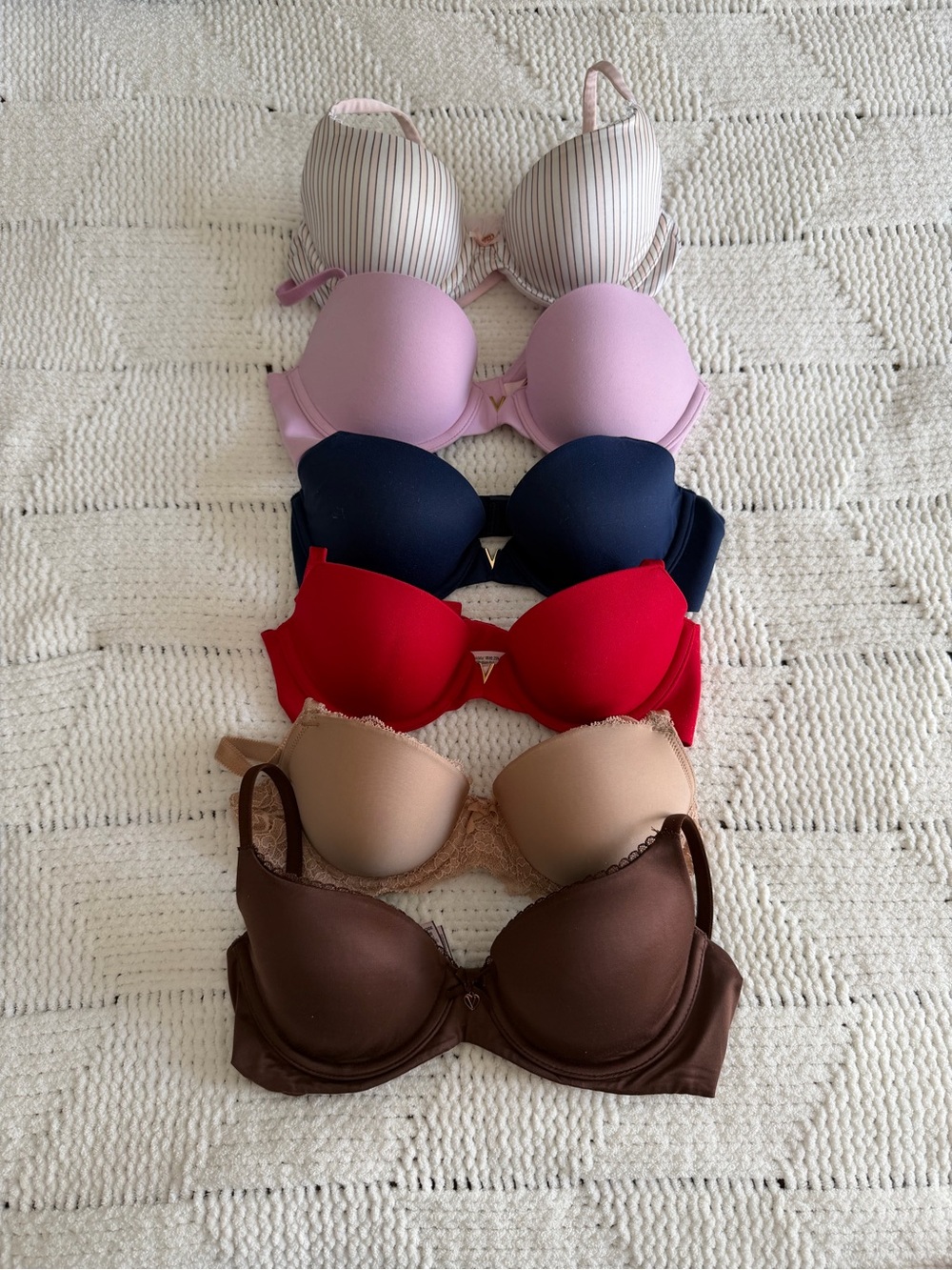 Six Women's Mixed Color Victoria’s Secret Bras- Pink, Navy, Red, Beige, Brown